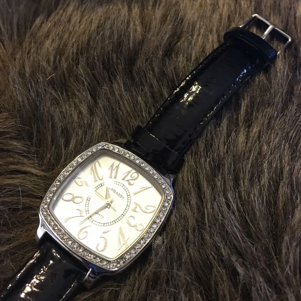 Ladies Embassy black leather rhinestone watch